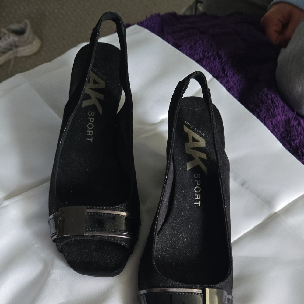 Anne Klein Black Slingback Peep-Toe Mules with Buckle Detail